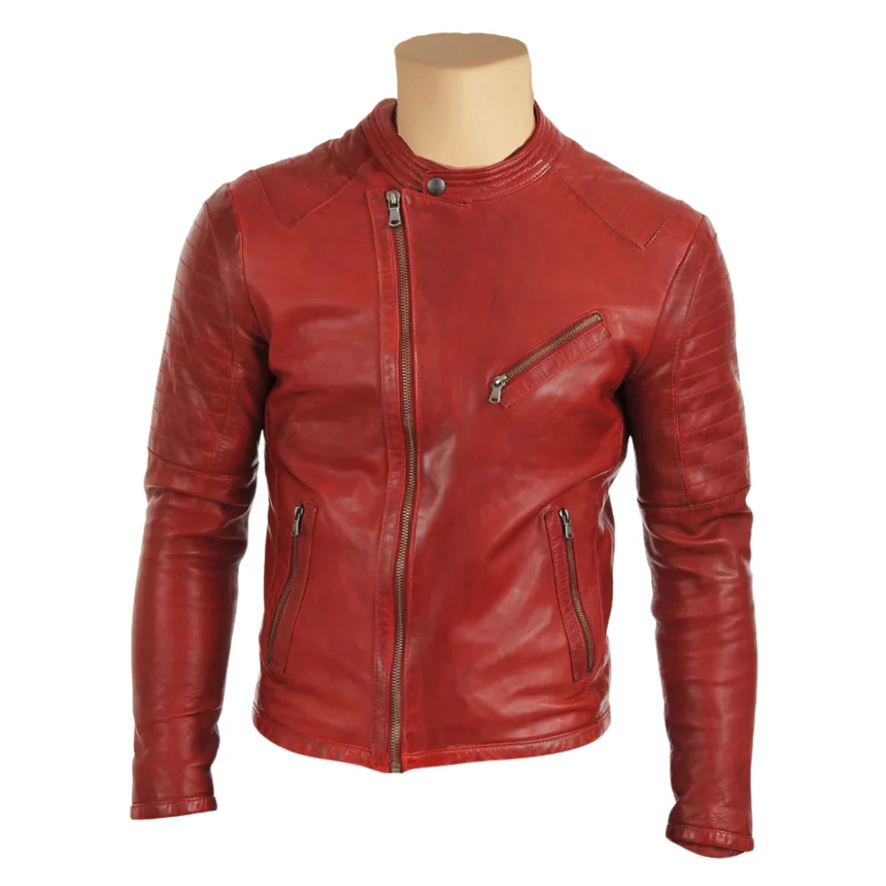 Red moto style jacket with stitching pattern