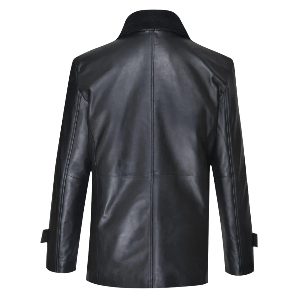 Eric's black leather car coat with fur collar