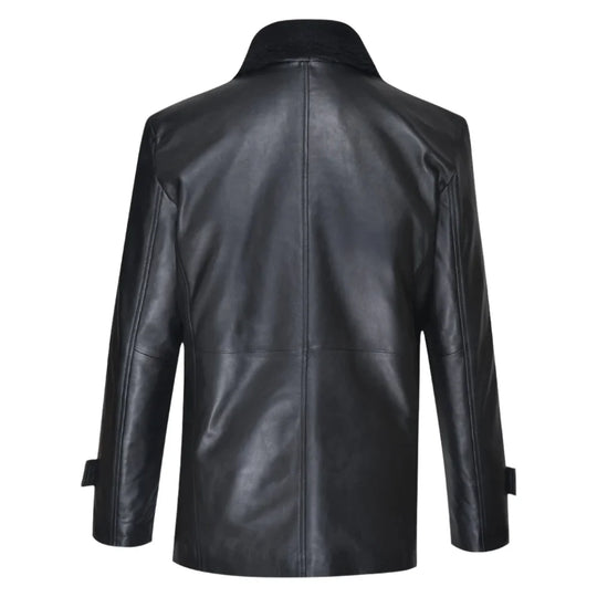 Eric's black leather car coat with fur collar