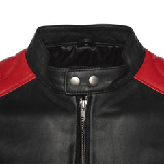 Black moto style jacket with shoulder and arm patches