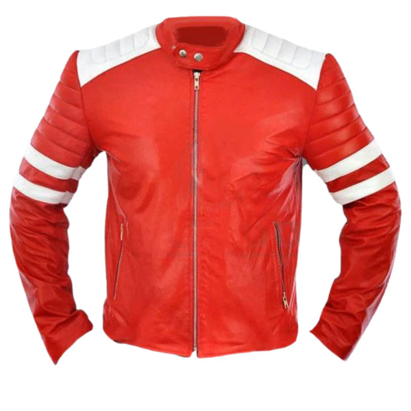 Red moto style jacket with white patches