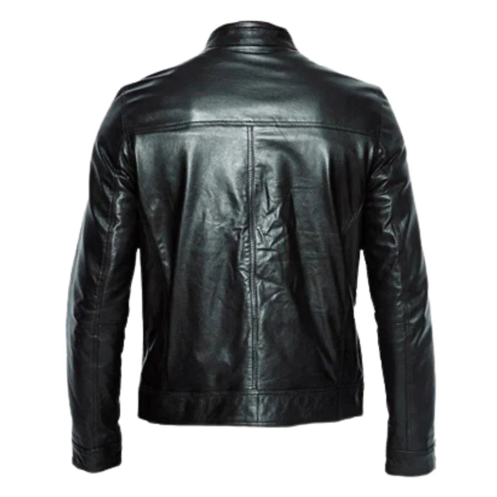 Plain black moto style jacket with stripes