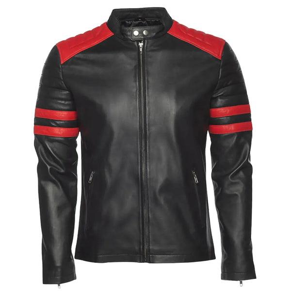 Black moto style jacket with shoulder and arm patches