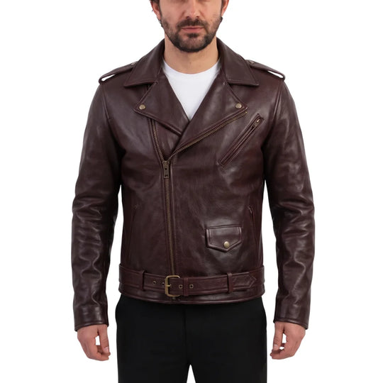 Elliot Oxblood Belted Leather Biker Jacket