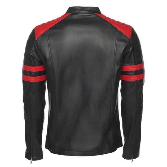 Black moto style jacket with shoulder and arm patches