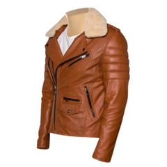 Woodwards English Tan Biker Jacket with Fur collar