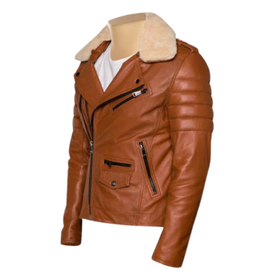 Woodwards English Tan Biker Jacket with Fur collar