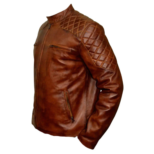 Vintage Tan cafe racer leather jacket with quilted patches