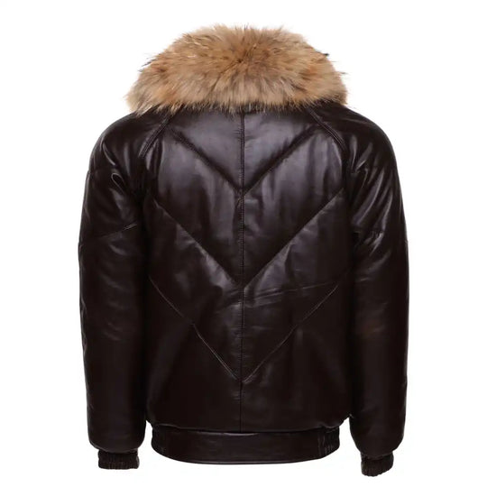 Back view of the brown leather V-Bomber showing the insulated quilted segments and the broad fur collar draped over the shoulders.