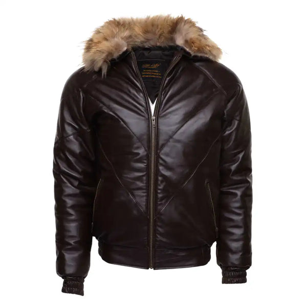 V-Bomber Brown Leather Puffer Jacket with Fur Collar
