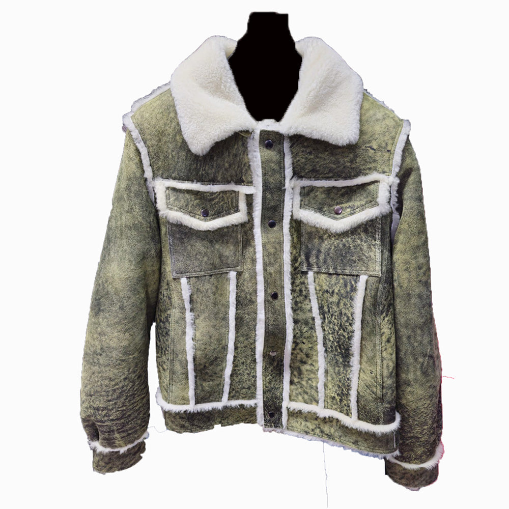 Hudson's Distressed Green Trucker Shearling Jacket