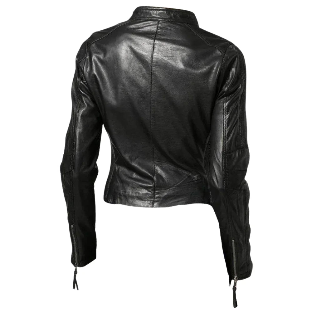 Back view of a women's cropped leather jacket featuring a cafe racer design and band collar.