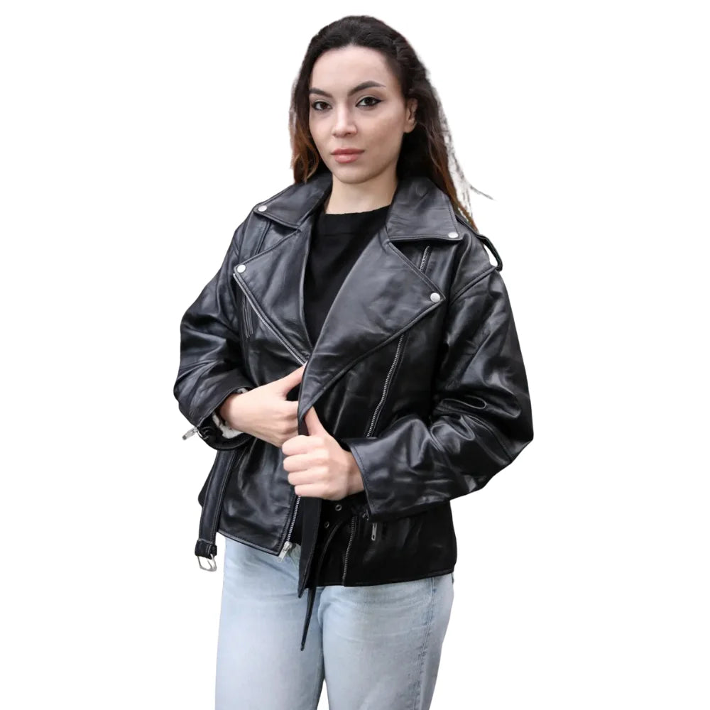 A model wearing the Zelora oversized leather biker jacket draped over the shoulders for a high-fashion, streetwear look.