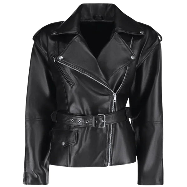 Zelora Oversized Black Leather Biker Jacket