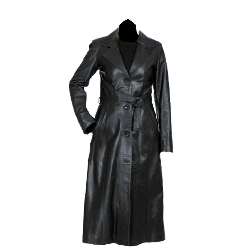 Zoe black buttoned long leather coat with belt