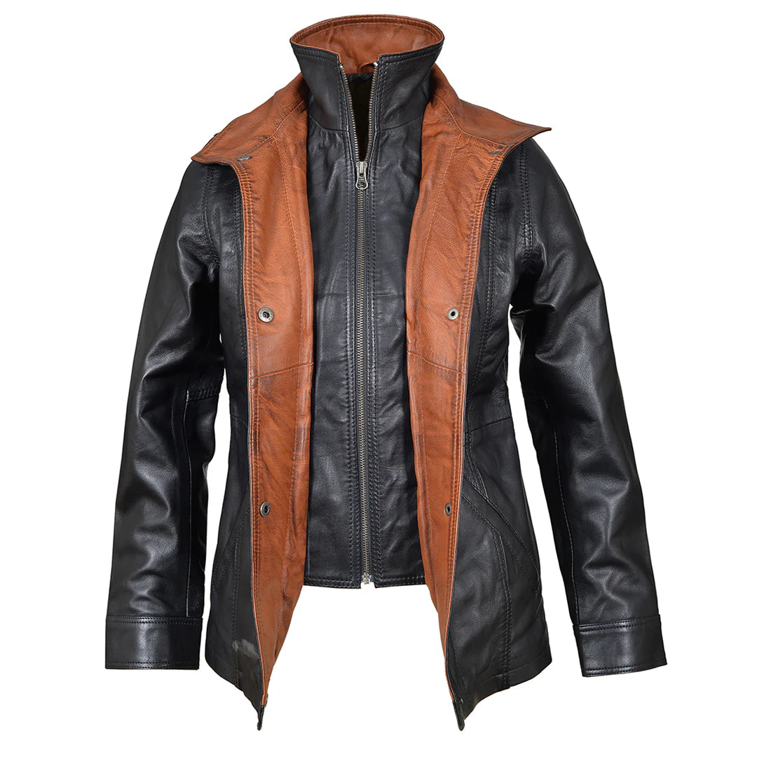 Front open view of the Adeline black leather car coat on a mannequin, featuring a classic shirt-style collar and zipper closure.