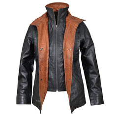 Front open view of the Adeline black leather car coat on a mannequin, featuring a classic shirt-style collar and zipper closure.