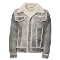 Front view of Aiden's Distressed Grey Shearling Trucker Jacket, emphasizing the shearling collar, front button closure, and side pockets. The jacket’s distressed grey finish is contrasted with the soft white faux fur lining along the seams and collar.