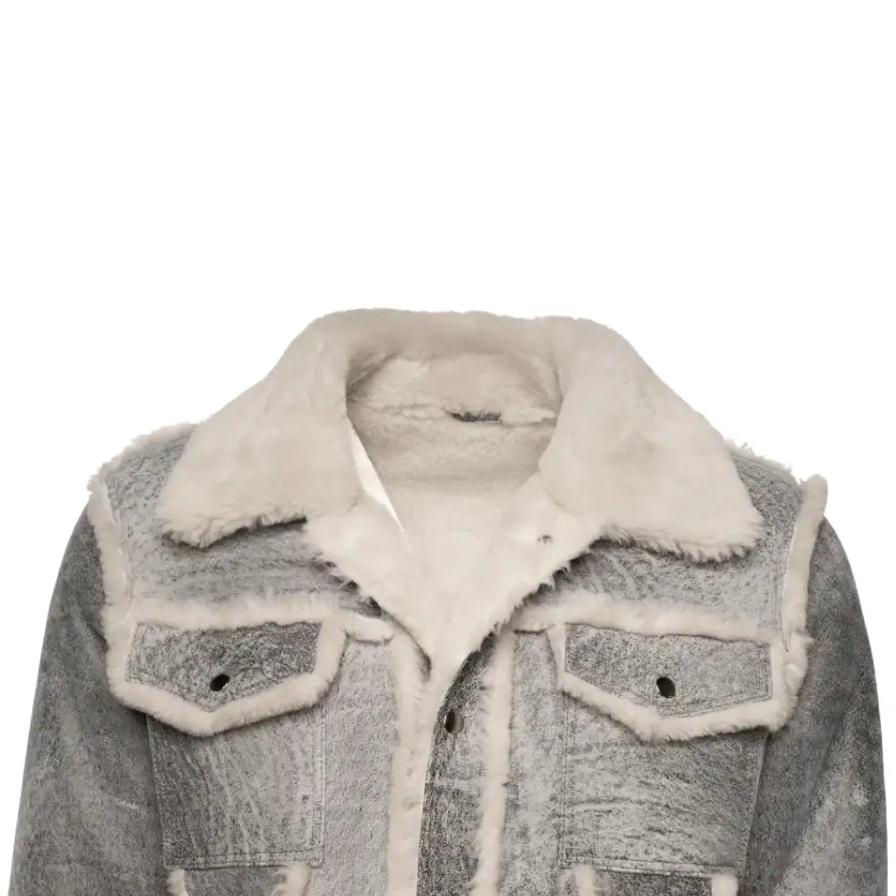 Close-up of Aiden's Grey Leather Jacket showcasing the luxurious faux fur collar. The grey leather is distressed, with a soft, fluffy white fur collar adding warmth and style to the jacket’s design.