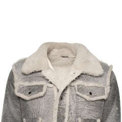 Close-up of Aiden's Grey Leather Jacket showcasing the luxurious faux fur collar. The grey leather is distressed, with a soft, fluffy white fur collar adding warmth and style to the jacket’s design.