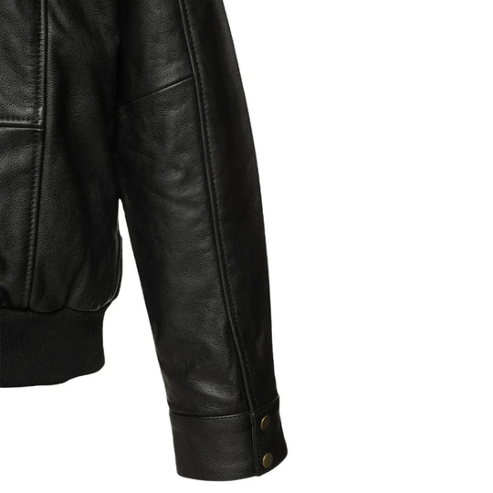 Close-up detail of the ribbed knit cuffs on the Alaric black bomber jacket, highlighting the sleek finish and durable design.