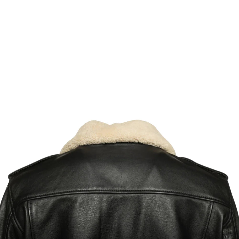 Back detailed view of Black leather jacket with beige fur collar on a white background
