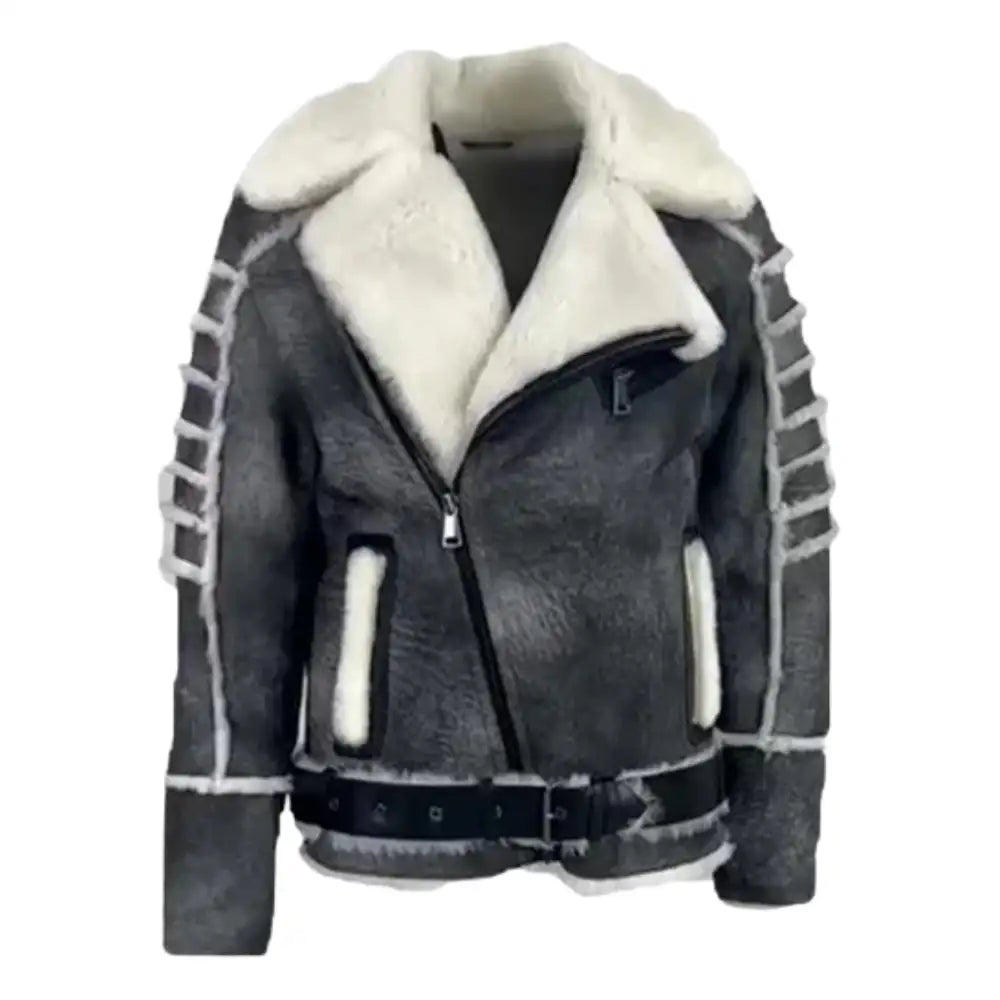 Front view of Albert Distressed Grey Shearling Leather Biker Jacket with classic asymmetrical zipper