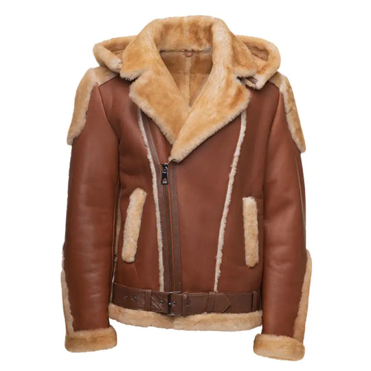 Front view of Alek's Biker Shearling Jacket with a zipper closure and a large fur-lined collar for warmth and style.