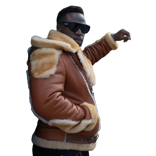 Model wearing Alek's Black Shearling Leather Biker Jacket styled casually