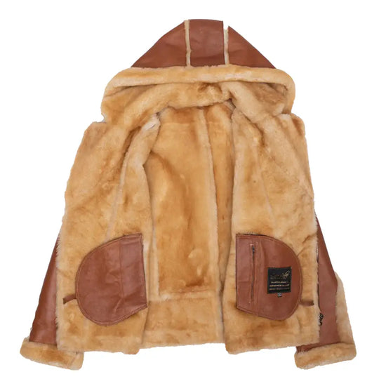 Interior detailed full view of white shearling lining showing inside shearling with inside zippered pocket