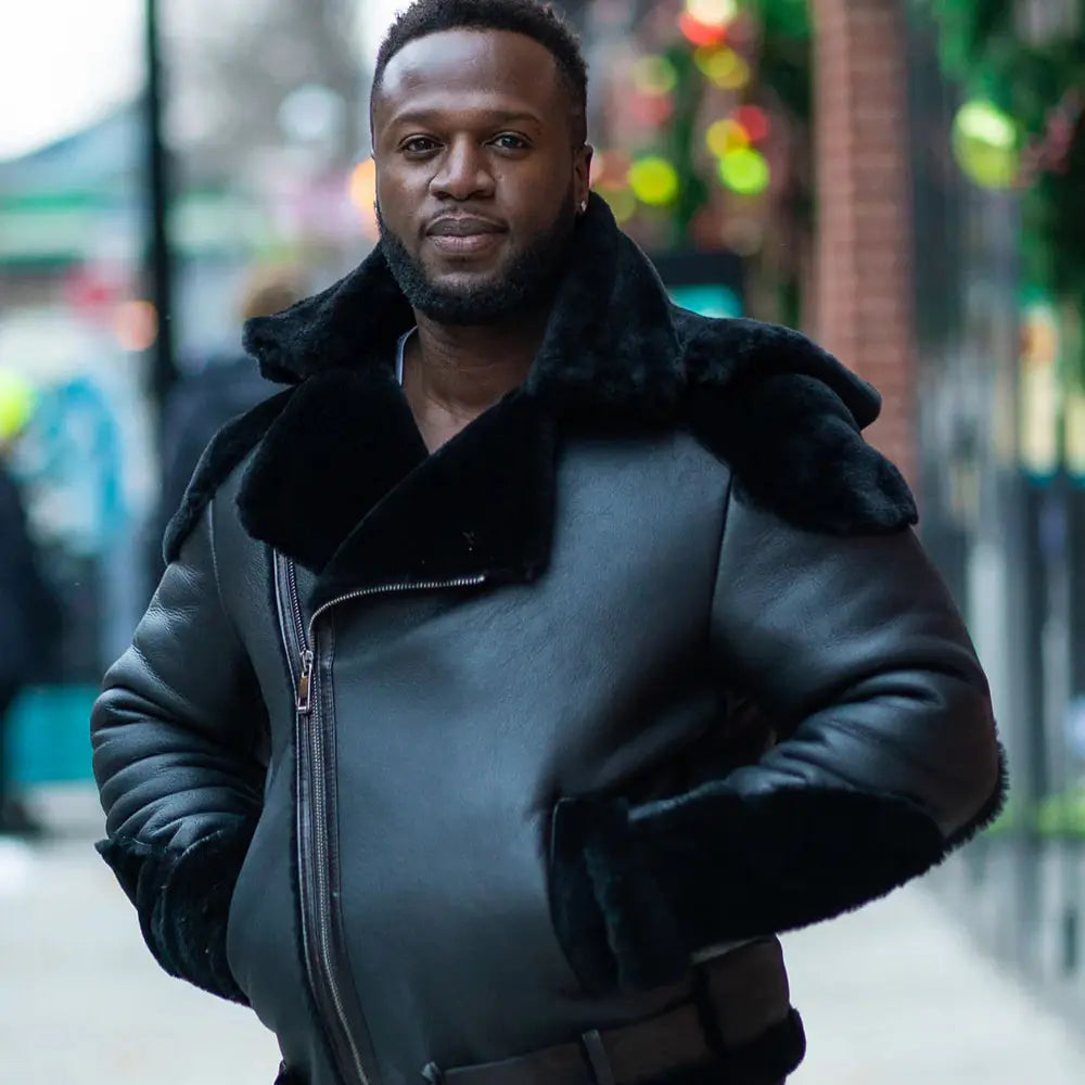 Model wearing Alek's Black Shearling Leather Biker Jacket black leather jacket outfit