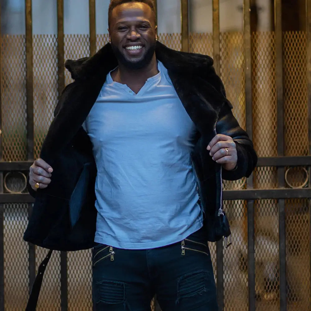 Model styling Alek's Black Shearling Leather Biker Jacket winter biker jacket look