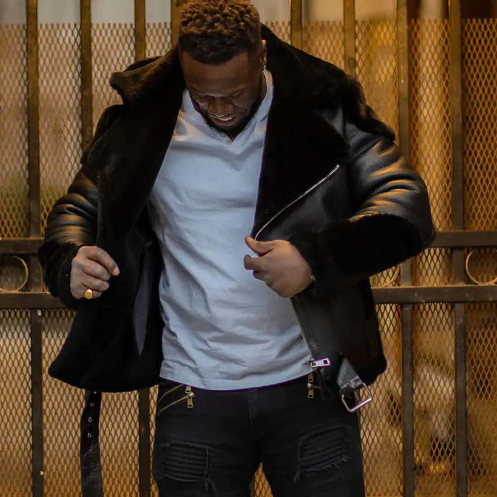 Model posing in Alek's Black Shearling Leather Biker Jacket stylish winter leather outfit