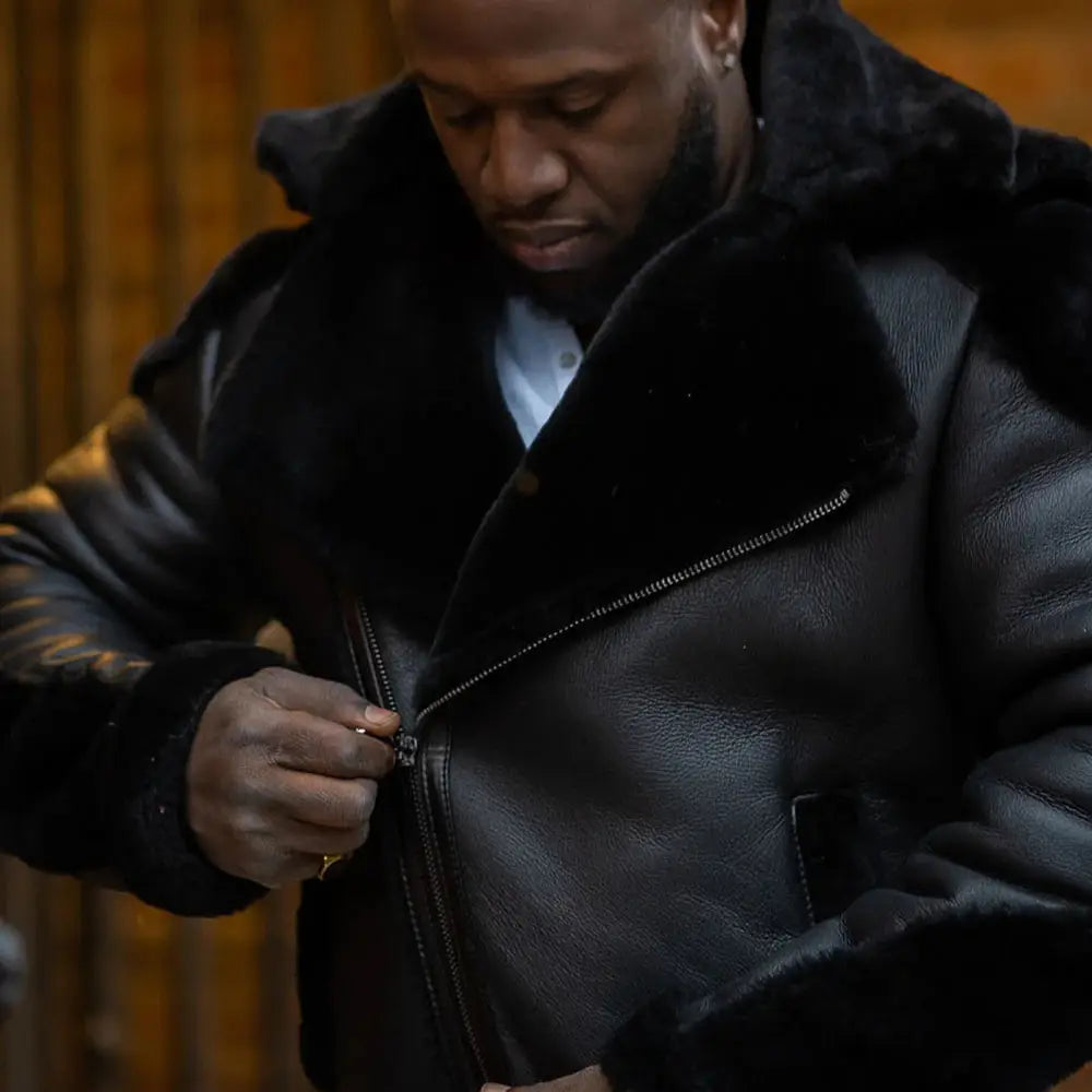 Alek's Black Shearling Leather Biker Jacket close up shearling lining