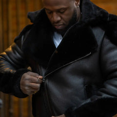 Alek's Black Shearling Leather Biker Jacket close up shearling lining