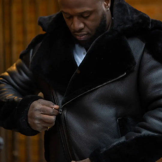 Alek's Black Shearling Leather Biker Jacket close up shearling lining