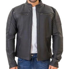 A model wearing the Alexander matte leather cafe racer, showcasing its versatile transition from a technical riding jacket to a high-end fashion piece.