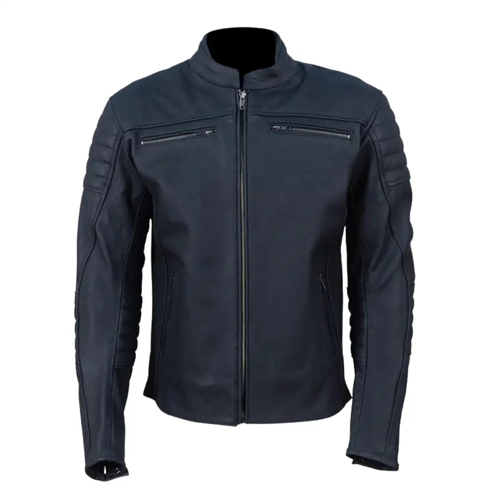 Front view of the Alexander cafe racer jacket in premium matte black leather, featuring a minimalist center-zip design and a sleek mandarin collar.