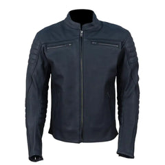 Front view of the Alexander cafe racer jacket in premium matte black leather, featuring a minimalist center-zip design and a sleek mandarin collar.