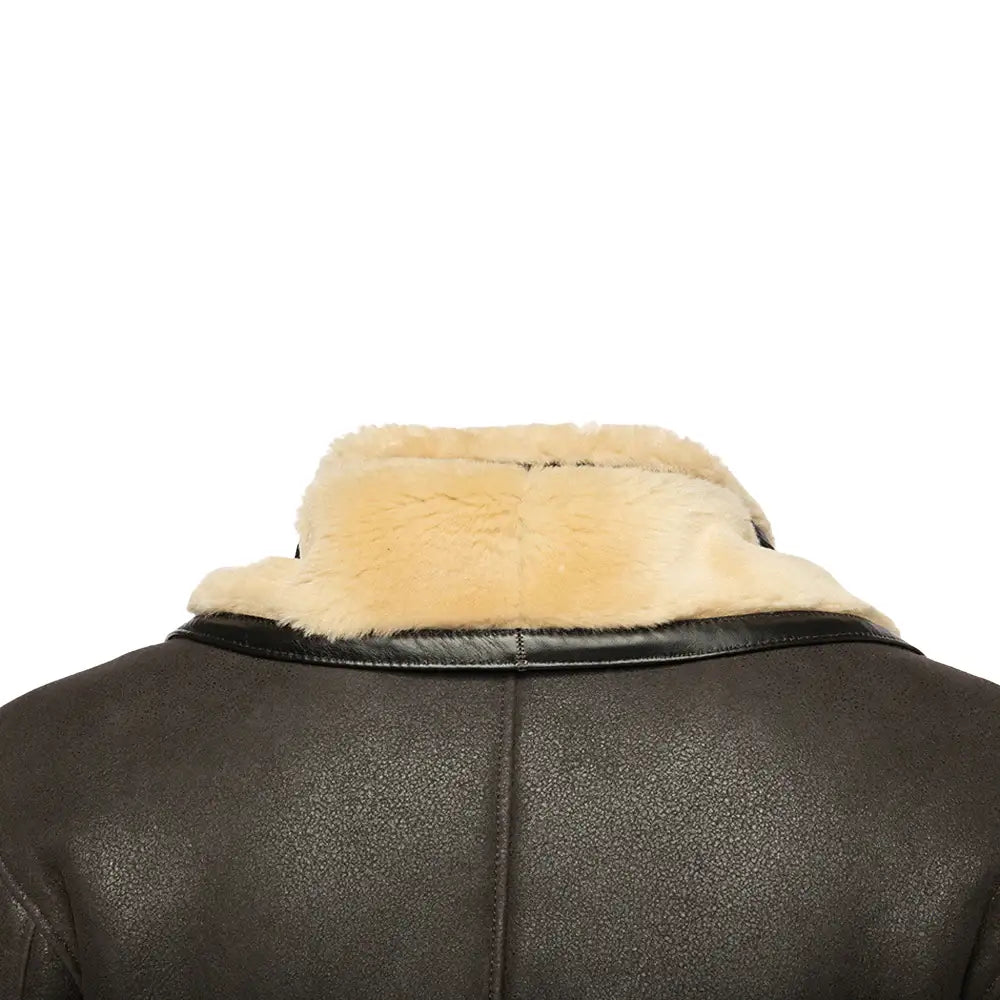 Alex's Brown Shearling Driving Coat back close up brown leather texture