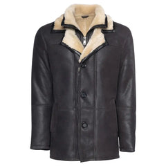 Alex's Brown Shearling Driving Coat front view brown shearling driving coat