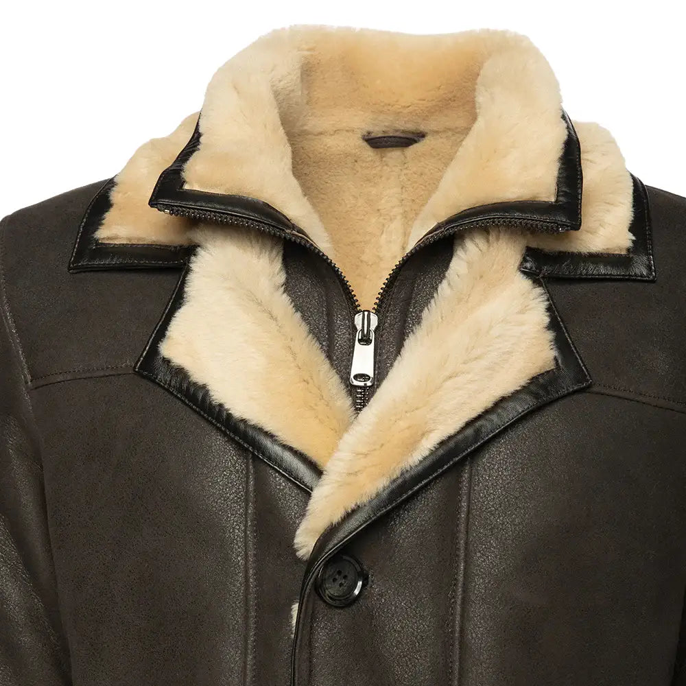 Alex's Brown Shearling Driving Coat close up brown leather texture