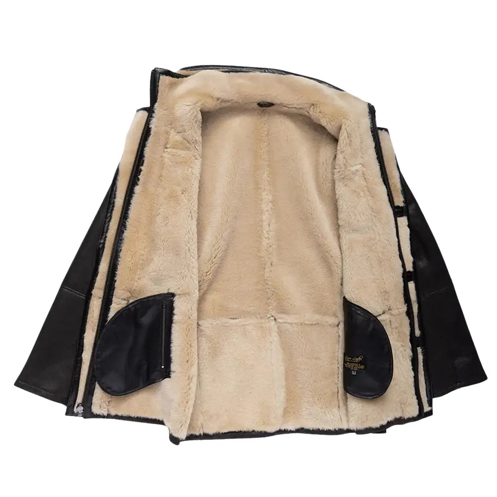Alex's Brown Shearling Driving Coat hem detail long leather coat