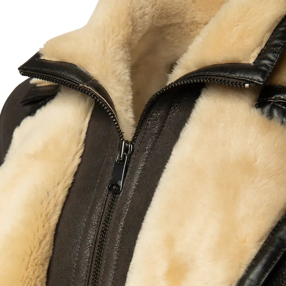 Alex's Brown Shearling Driving Coat soft shearling interior close up