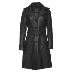 Front view of the Ariana black leather trench coat on a mannequin, featuring a belted waist, buttoned closure and classic lapel collar.