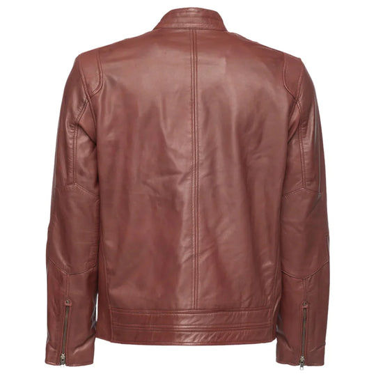 Rear view of Arthur Burgundy Café Racer Leather Jacket showing vertical panel stitching and zippered cuffs on a white background.