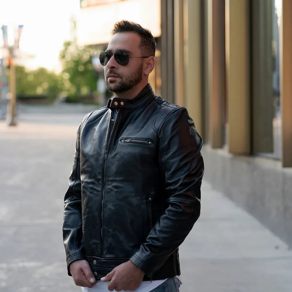 Model styling Arthur Classic Cafe Racer Leather Jacket minimalist cafe racer jacket look