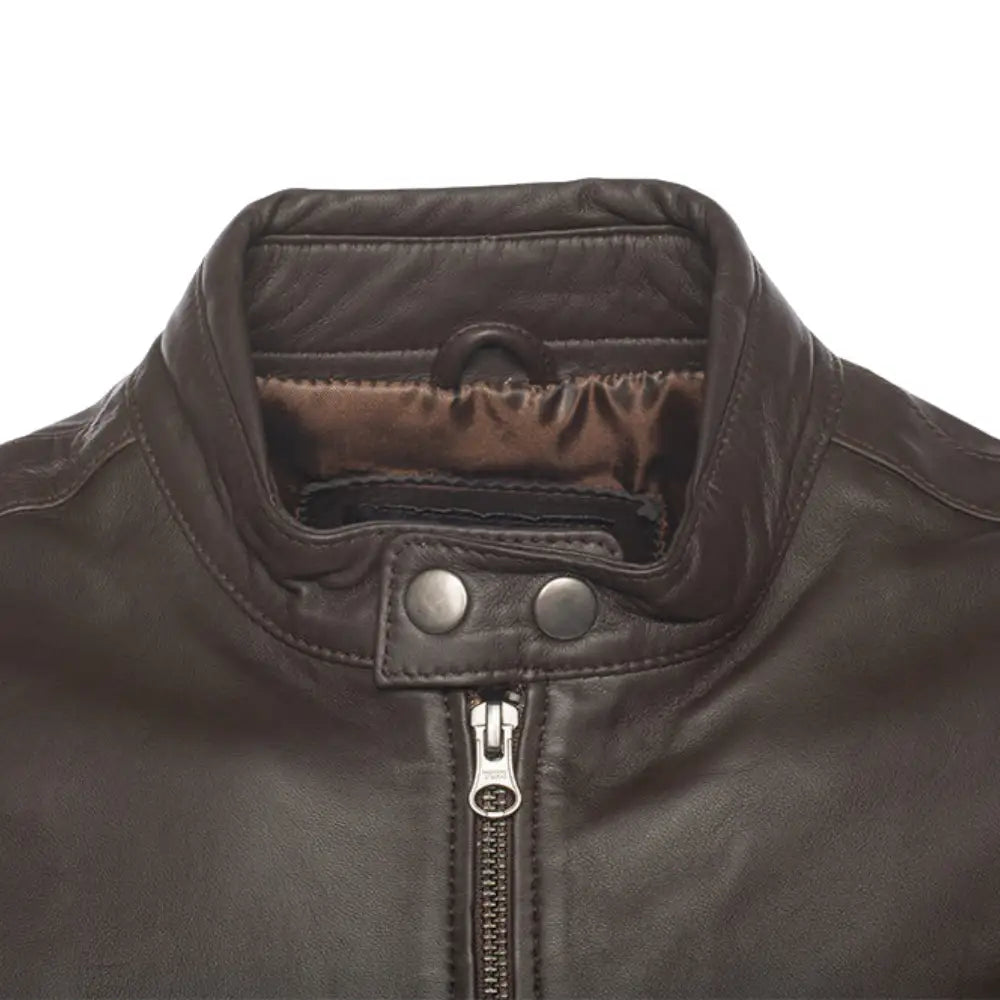Arthur Dark Brown Café Racer Leather Jacket close up dark brown leather texture
