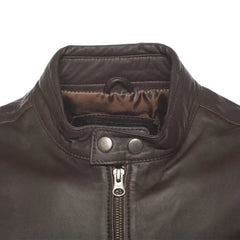 Arthur Dark Brown Café Racer Leather Jacket close up dark brown leather texture