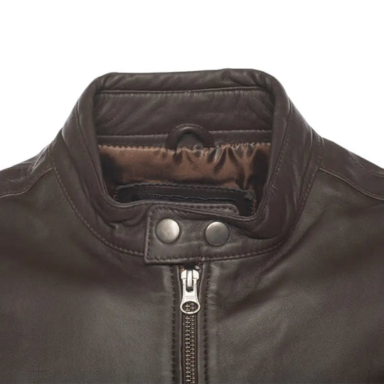 Arthur Dark Brown Café Racer Leather Jacket close up dark brown leather texture